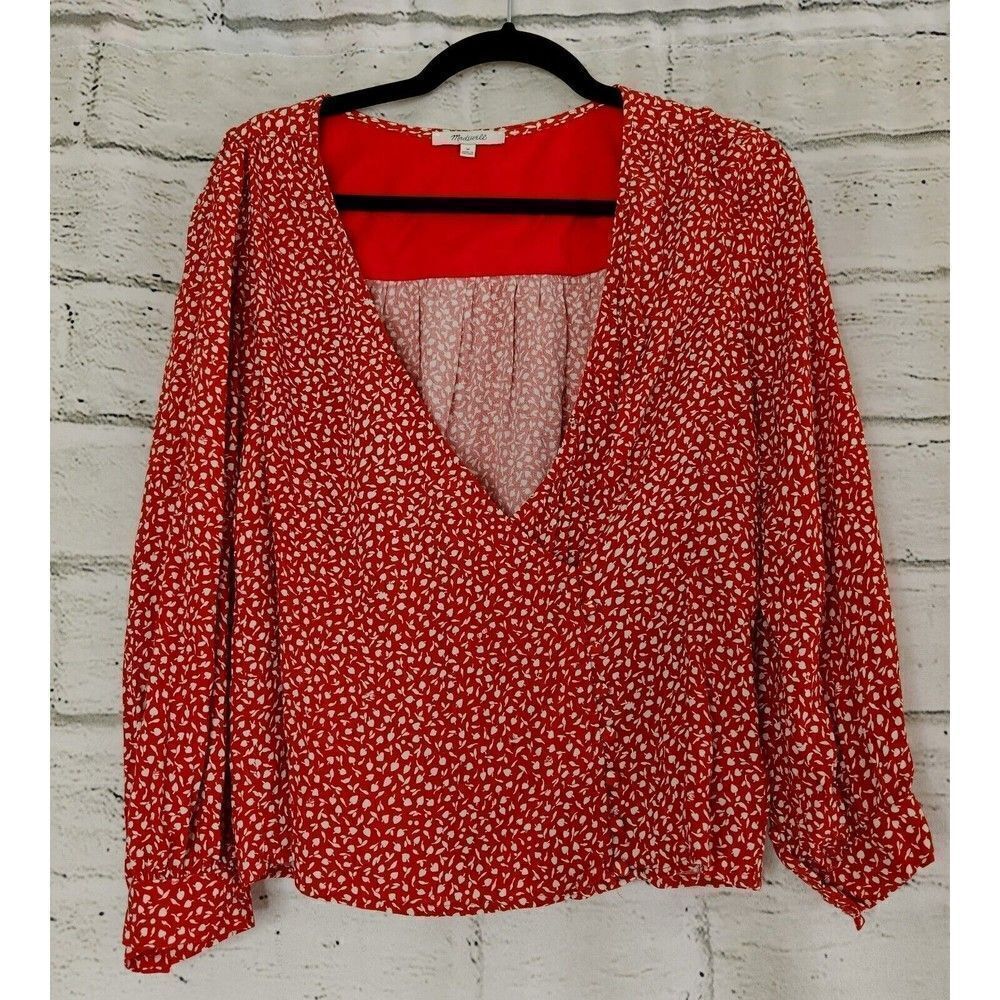Madewell Women's Red Leaf Long-Sleeved Wrap Shirt Size Medium Blouse